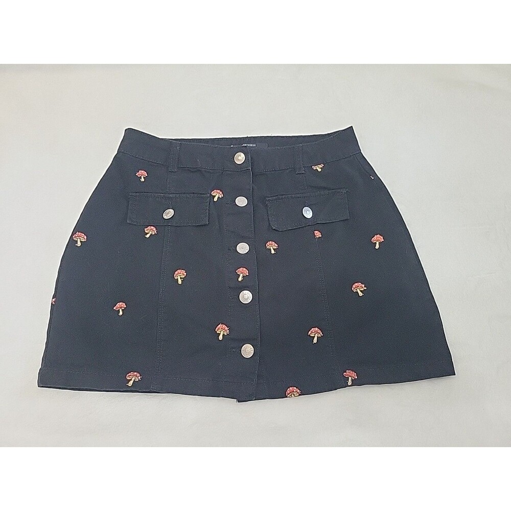 FOREVER 21 MUSHROOM Embroidered Women Medium Black Cotton Button Front Skirt NEW